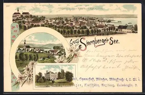 Lithographie Starnberg, Totalansicht, Schloss Berg