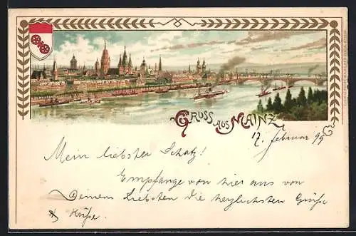 Lithographie Mainz, Flusspartie mit Dampfer