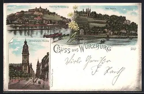 Lithographie Würzburg, Universitäts Kirche, Käpelle, Festung Marienberg