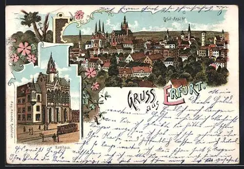 Lithographie Erfurt, Rathaus mit Strassenbahn und Totalansicht