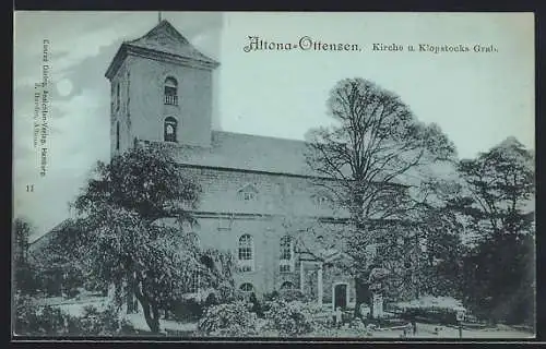 Mondschein-AK Hamburg-Ottensen, Kirche und Klopstocks Grab