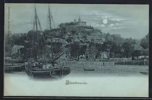 Mondschein-AK Hamburg-Blankenese, Segler am Ufer bei Nacht