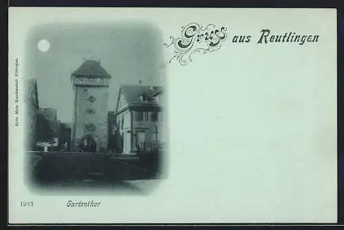 AK Reutlingen, Das Gartenthor bei Nacht