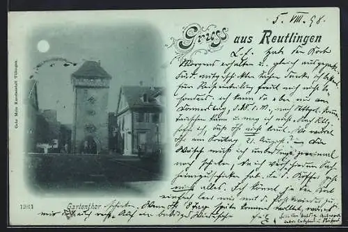AK Reutlingen, Gartentor bei Nacht