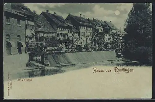 Mondschein-AK Reutlingen, Klein Venedig bei Nacht