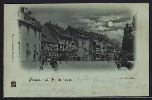 Mondschein-AK Reutlingen, Klein Venedig bei Nacht