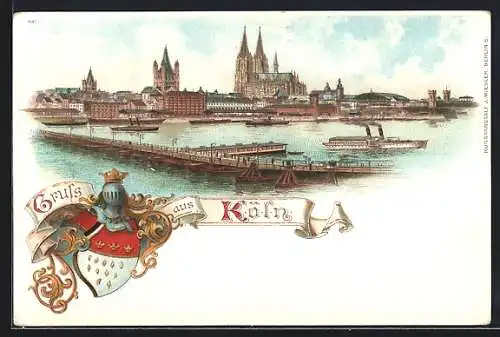 Lithographie Köln, Totalansicht und Wappen