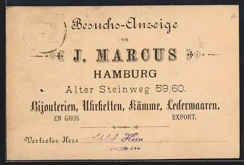 AK Hamburg, Besuchsanzeige von J. Marcus Uhrketten, Kämme und Lederwaren