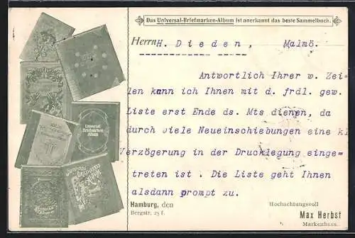 AK Hamburg, Markenhaus Max Herbst, Geschäftl. Karte mit Universal-Briefmarken-Album