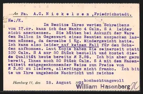 AK Hamburg-Goslar a. H., Mechanische Webwaren von William Hasenberg, Geschäftl. Karte