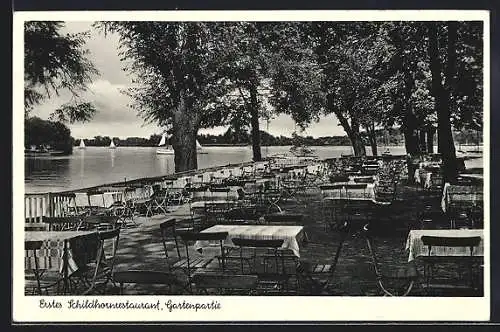 AK Grunewald /Wilmersdorf, Erstes Schildhornrestaurant E. Brunow an der Havel, Terrasse am Ufer