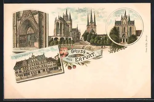 Lithographie Erfurt, Dom und Severinkirche, Dom Portal, Haus zum breiten Herd