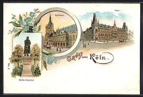 Lithographie Köln, Rathaus, Post, Moltke-Denkmal