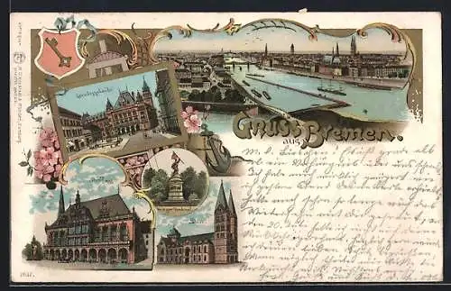 Lithographie Bremen, Gerichtsgebäude, Rathaus, Dom, Ortsansicht