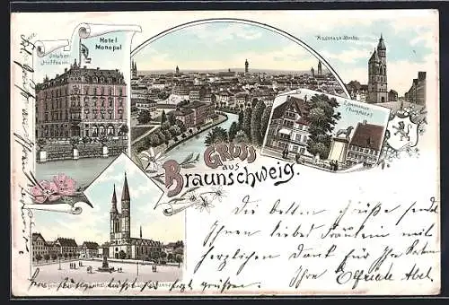 Lithographie Braunschweig, Hotel Monopol von Hoffmann, Andreaskirche und Löwensäule