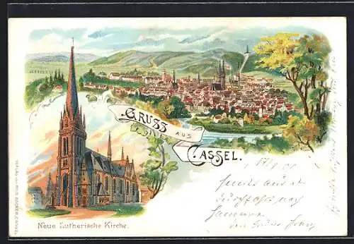 Lithographie Cassel, Neue Lutherische Kirche und Gesamtansicht