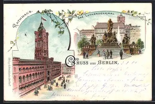 Lithographie Berlin, Das Lutherdenkmal, Rathaus, Königstrasse