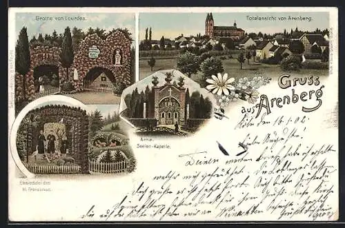 Lithographie Arenberg, Totalansicht, Arme-Seelen-Kapelle, Grotte von Lourdes