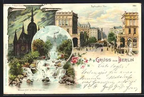 Lithographie Berlin-Kreuzberg, Wasserfall im Victoriapark, Kirche z.Heil.Kreuz, Hallesches Tor