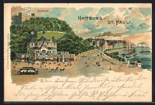 Lithographie Hamburg-St. Pauli, Seewarte und Uferpartie