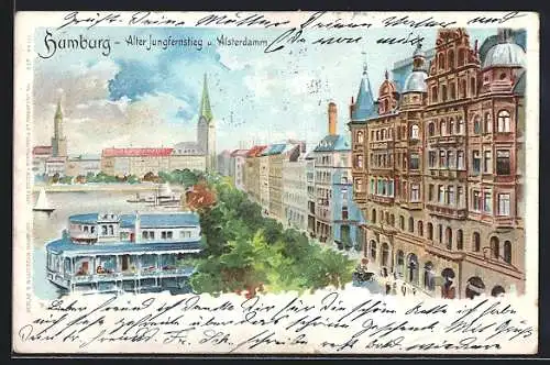 Lithographie Hamburg, Alter Jungfernstieg und Alsterdamm