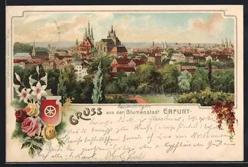 Lithographie Erfurt, Teilansicht aus der Vogelschau, Wappen