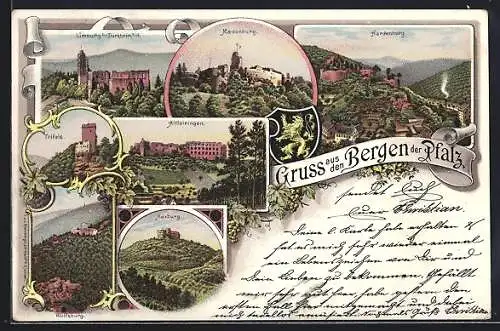 Lithographie Neustadt / Weinstrasse, Trifels, Hardenburg, Madenburg und Limburg