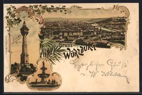 Lithographie Würzburg, Kilian-Brunnen, Frankenwarte und Panorama