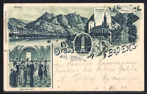 Lithographie Bad Ems, Malbergbahn, Kaiser-Brunnen, Neue Kathol. Kirche
