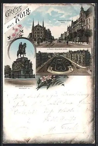 Lithographie Köln, Kaiser-Wilhelm-Ring, Hohenzollernring und Denkmal Friedrich-Wilhelm III.