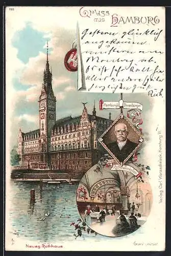 Lithographie Hamburg, Ratsweinkeller, Neues Rathaus, Stadtwappen, Portrait von Hamburgs Ehrenbürger um 1900