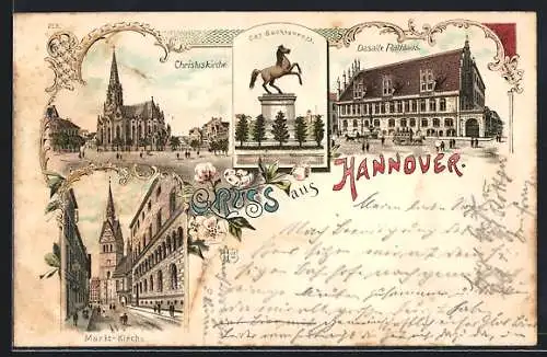 Lithographie Hannover, Christuskirche, Das alte Rathaus und Markt-Kirche