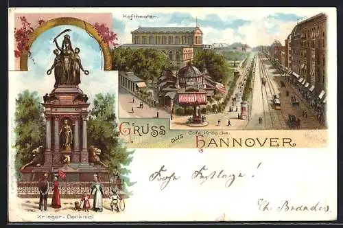 Lithographie Hannover, Strassenpartie mit Hoftheater und Café Kröpcke, Familie vor dem Kriegerdenkmal