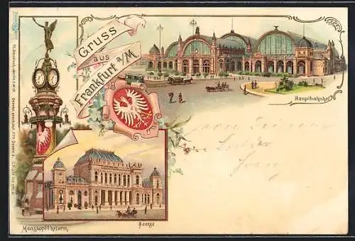 Lithographie Frankfurt /Main, Hauptbahnhof und Börse