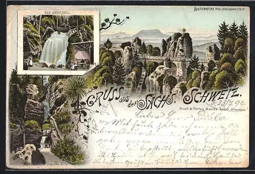 Vorläufer-Lithographie Lohmen / Sachsen, 1894, Basteibrücke, Der Amselfall, Felsentor