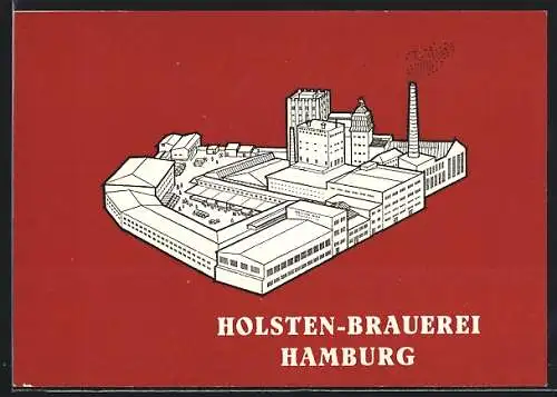 Künstler-AK Hamburg, Zeichnung der Holsten-Brauerei auf rotem Grund