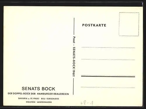 Künstler-AK Hamburg, Senats Bock, Frau sucht Kind, Reklamekarte