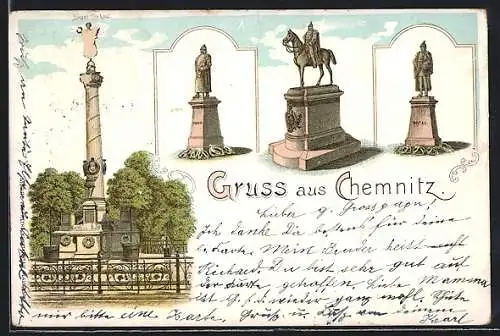 Lithographie Chemnitz, Siegesdenkmal, Moltke-Denkmal, Kaiser Wilhelm I.-Denkmal