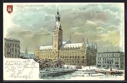 Lithographie Hamburg, Das Rathaus im Winter