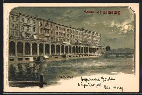 Lithographie Hamburg, Partie an den Alster Arkaden