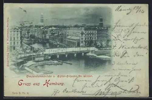 Mondschein-AK Hamburg, Reesendammbrücke und Alsterarkaden im Winter