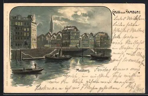 Lithographie Hamburg, Messberg mit Booten auf der Elbe