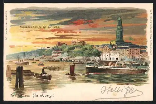 Lithographie Hamburg-St. Pauli, Abenddämmerung auf der Elbe, Ortsansicht