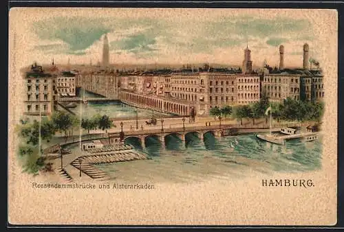 Lithographie Hamburg-Neustadt, Reesendammsbrücke und Alsterarkaden