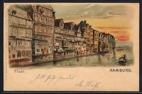 Lithographie Alt-Hamburg, Häuserpartie am Fleet