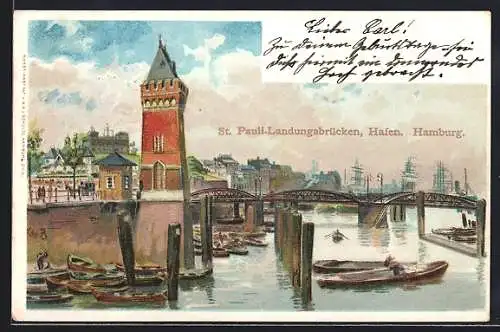 Künstler-AK Hamburg-St.Pauli, St. Pauli Landungsbrücken im Hafen