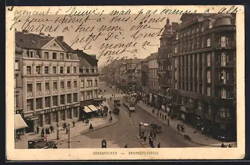 AK Saarbrücken, Strassenbahn am Cafe Kiefer, Bahnhofstrasse