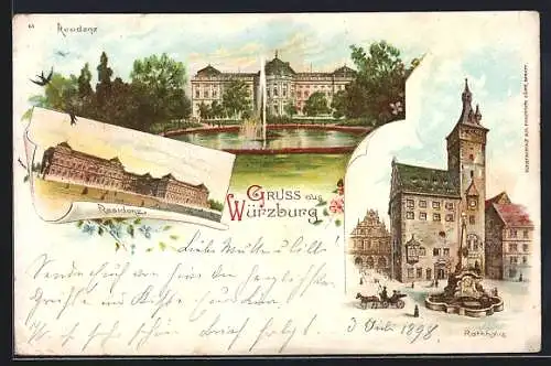 Lithographie Würzburg, Residenz, Ansicht vom Rathaus