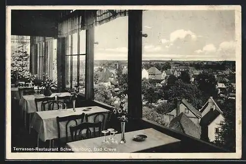 AK Bad Cleve, Terrassen-Restaurant Schwanenburg mit Stadtblick