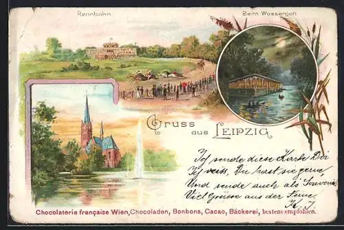 Lithographie Leipzig, Rennbahn, Partie beim Wassergott, Luther-Kirche m. Fontäne